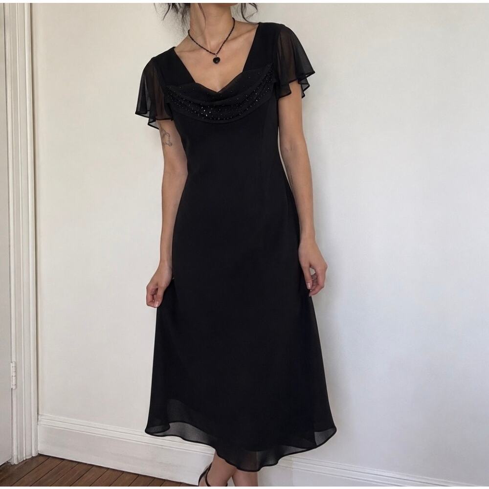 Metaphor Black Beaded Chiffon Midi Dress Y2K Goth Formal Size 10